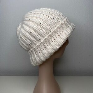 Betsey Johnson Womens Cream Ribbed Knit Beanie with Rhinestone Embellishments OS